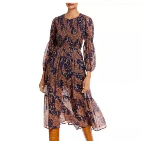 Aqua Women's Midi Long‎ Sleeve Paisley Smocked Dress Size XS Slightly Sheer - Picture 1 of 11
